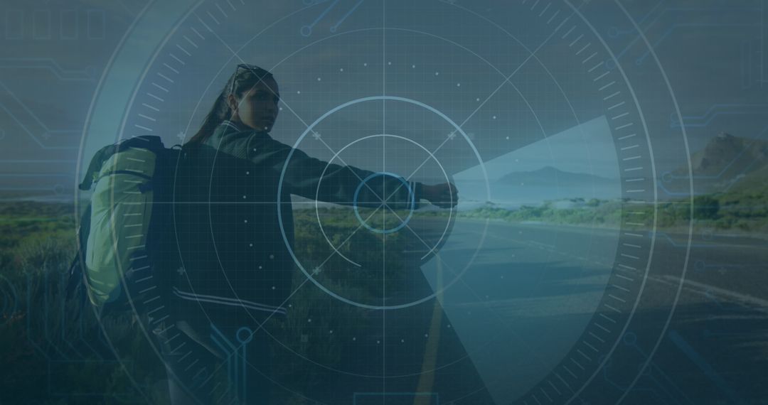 Digital Interface Overlays Adventurous Hitchhiker Woman On Open Road