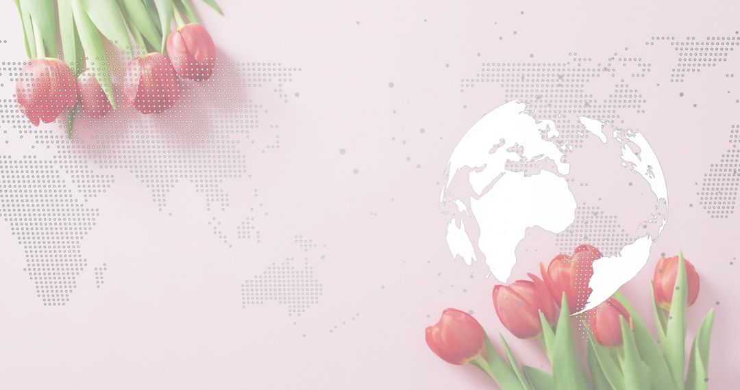 Pastel Pink Global Tulip Composition with White Globe Silhouette and Halftone Map