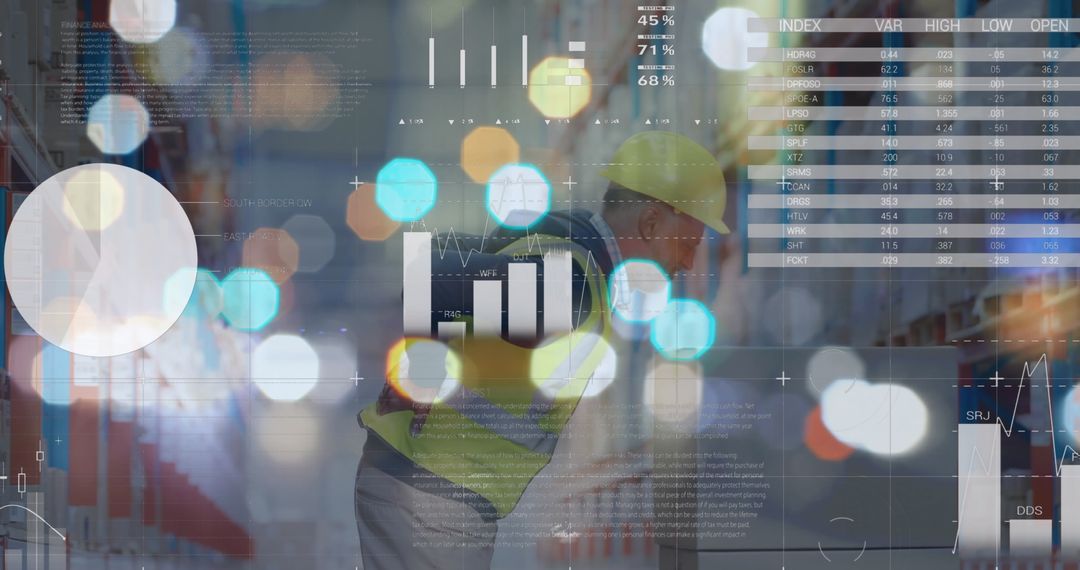 Warehouse Worker Analyzing Stock Data with Financial Graphs Overlay