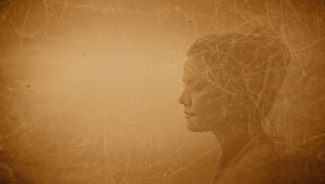 Sepia-washed contemplative female profile with distressed paper texture and copy space