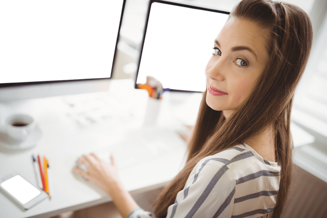 Transparent Background Businesswoman Using Computer at Office Desk