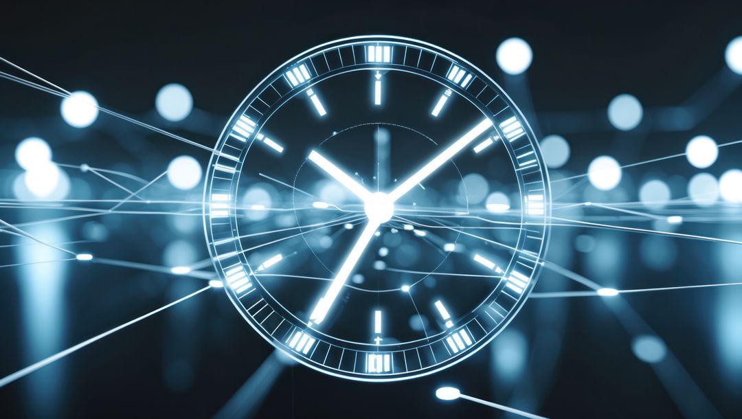 Futuristic Digital Clock with Luminous Trails in Network Space