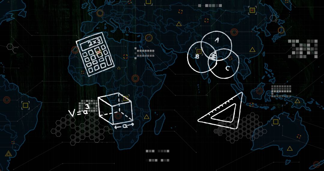 Digital World Map Overlayed with Educational Math Symbols