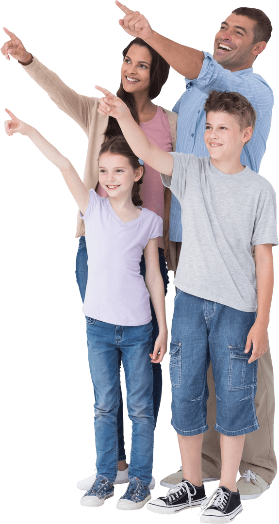Happy Family of Four Pointing Upward with Transparent Background