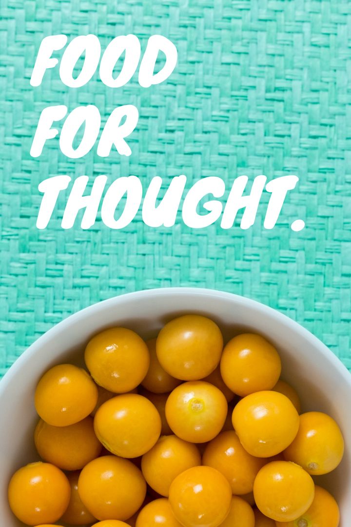 Yellow Tomatoes in White Bowl Against Teal Background with Food for Thought Text - Download Free Stock Templates Pikwizard.com