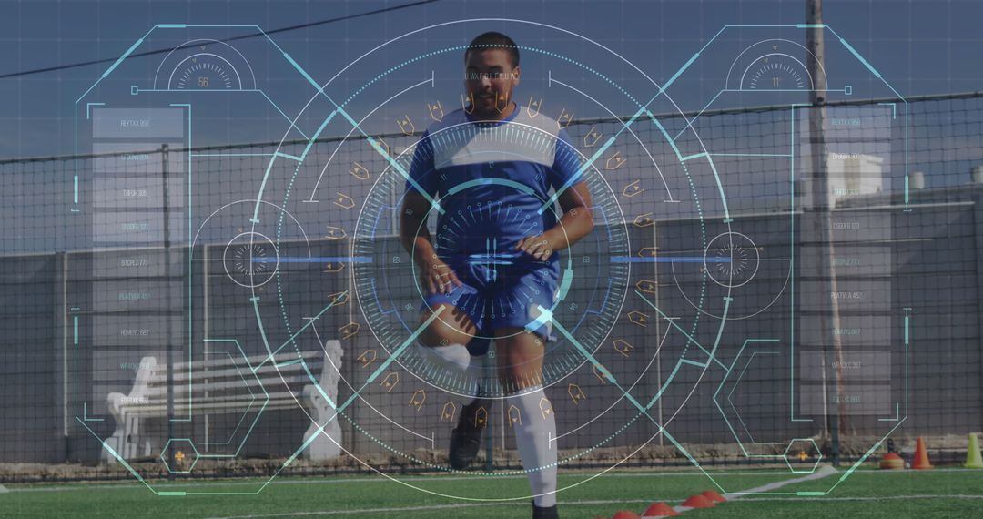 Athlete in Motion on Soccer Field with Futuristic Interface Overlay