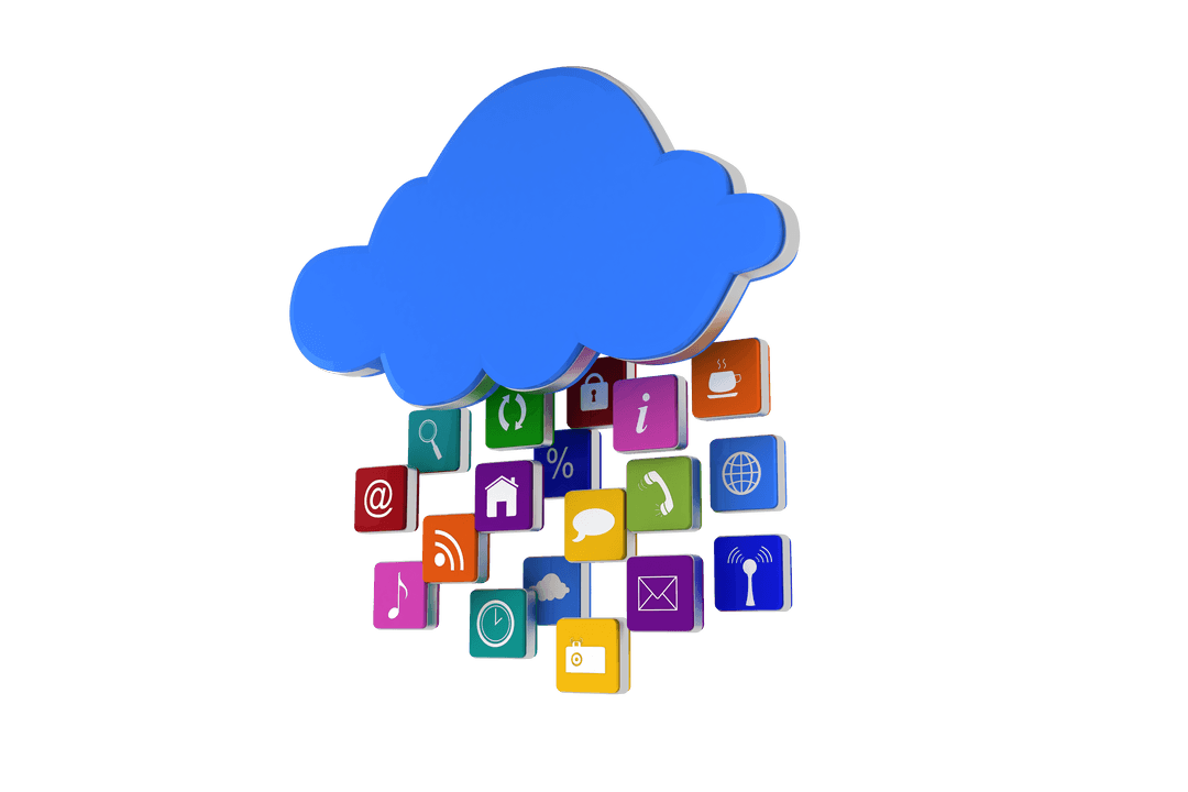 Cloud with Digital Symbols on Transparent Background