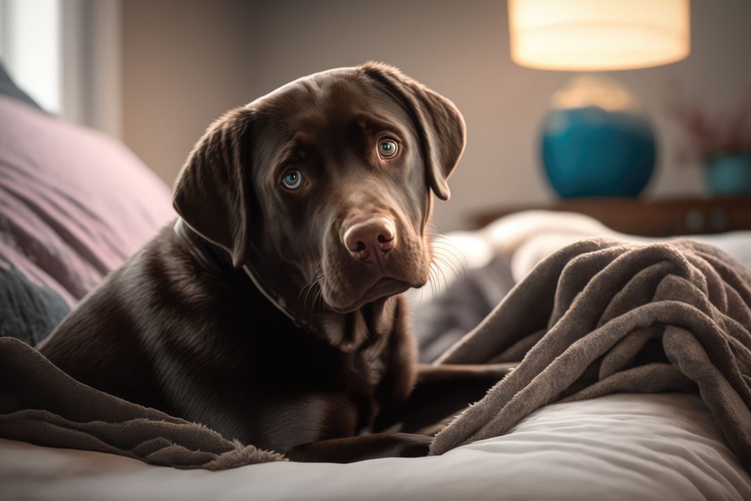 Chocolate Labrador Resting on Bed in Cozy Room - Free Images, Stock Photos and Pictures on Pikwizard.com