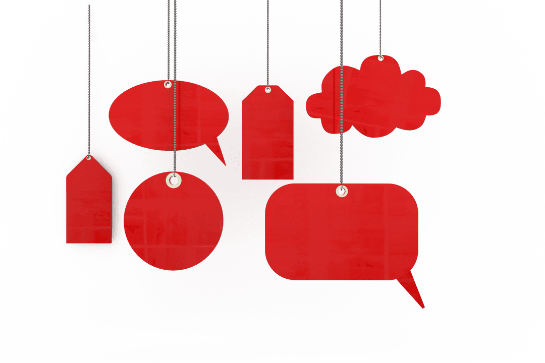 Hanging Red Tags and Speech Bubbles on Transparent Background
