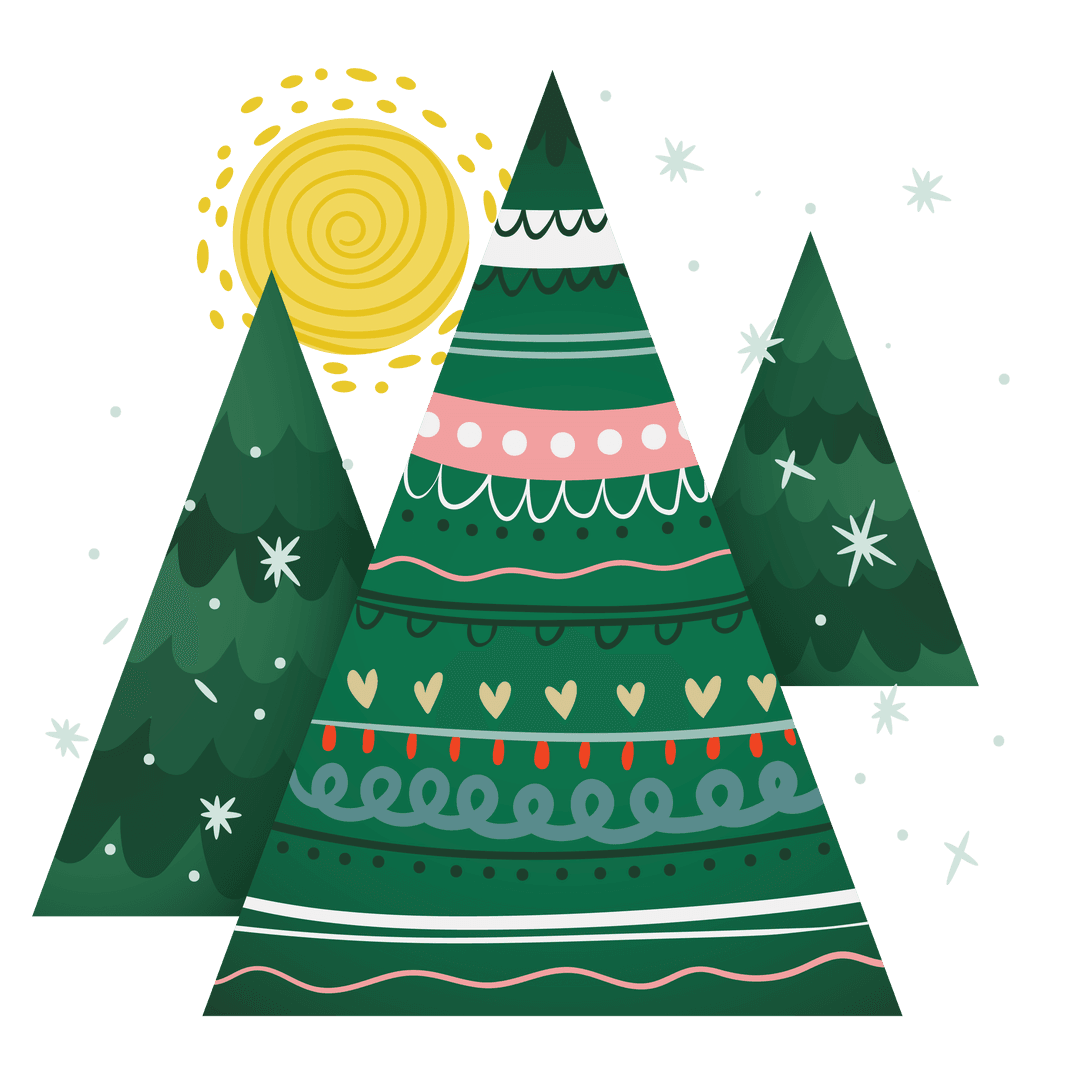 Elegant Christmas Trees with Sun on Transparent Background