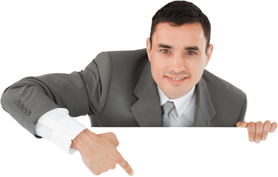 Transparent Businessman in Suit Pointing Towards Blank Space
