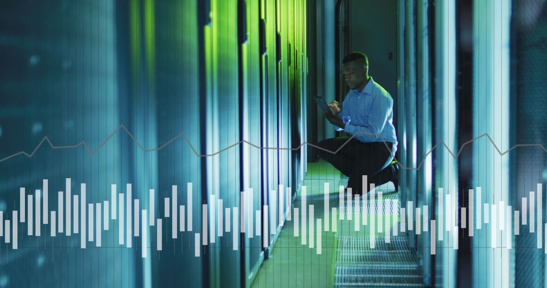 IT Engineer Managing Data Servers with Digital Data Overlay