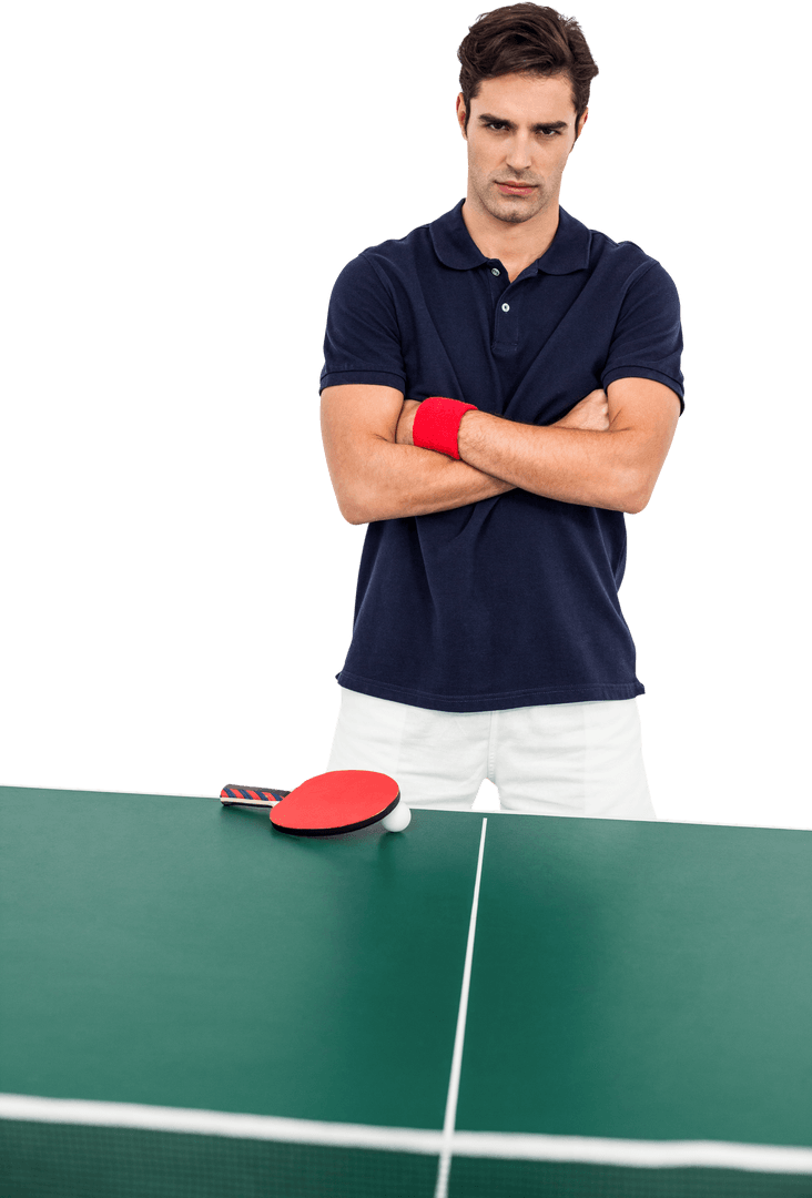 Confident Table Tennis Player Standing Behind Transparent Green Table