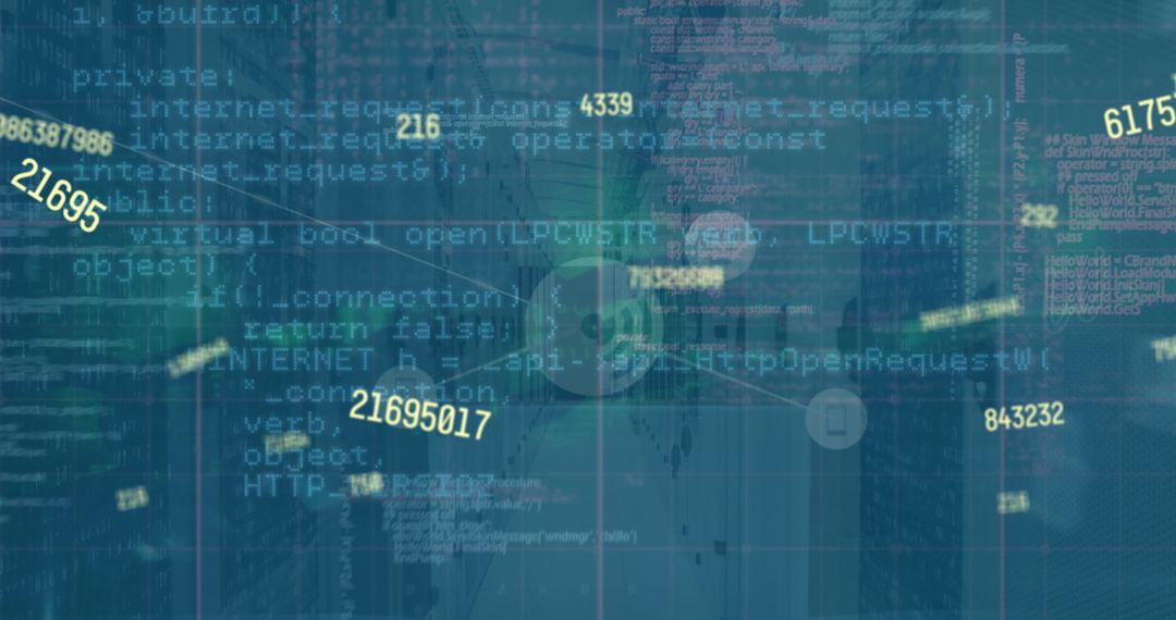 Futuristic Data Interface over Server Room with Code Overlay