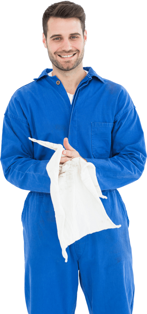 Friendly Mechanic in Blue Jumpsuit with Transparent Background