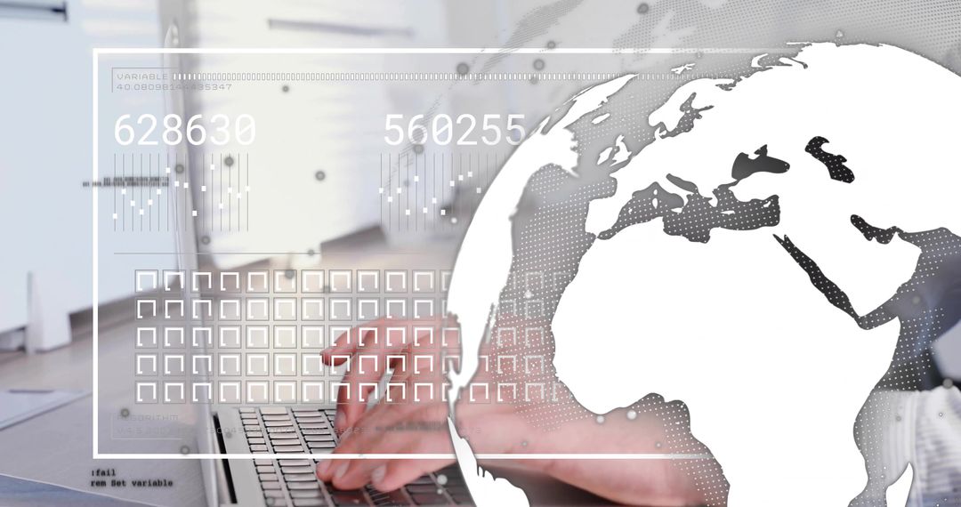 Hands Typing on Laptop with Global HUD Overlay and Data Readouts, Futuristic Workspace