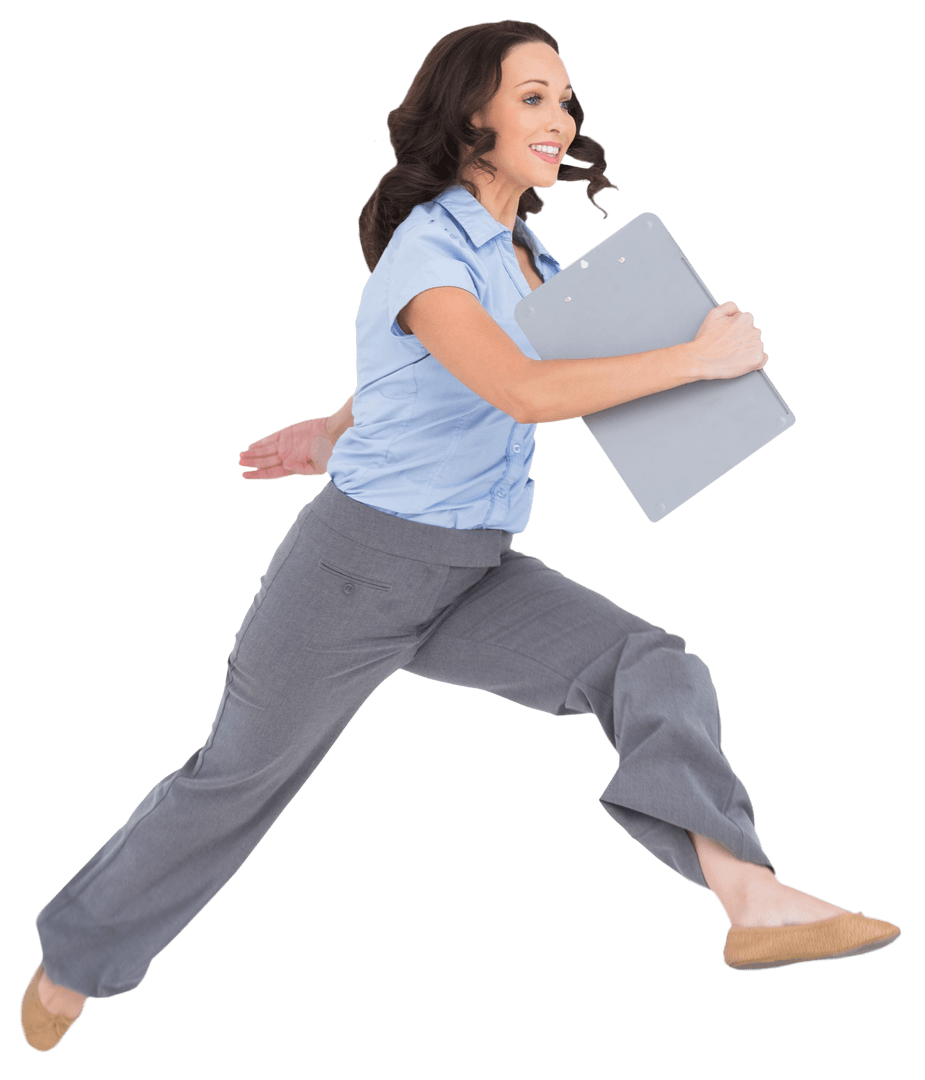 Cheerful Businesswoman Jumping with Clipboard on Transparent Background
