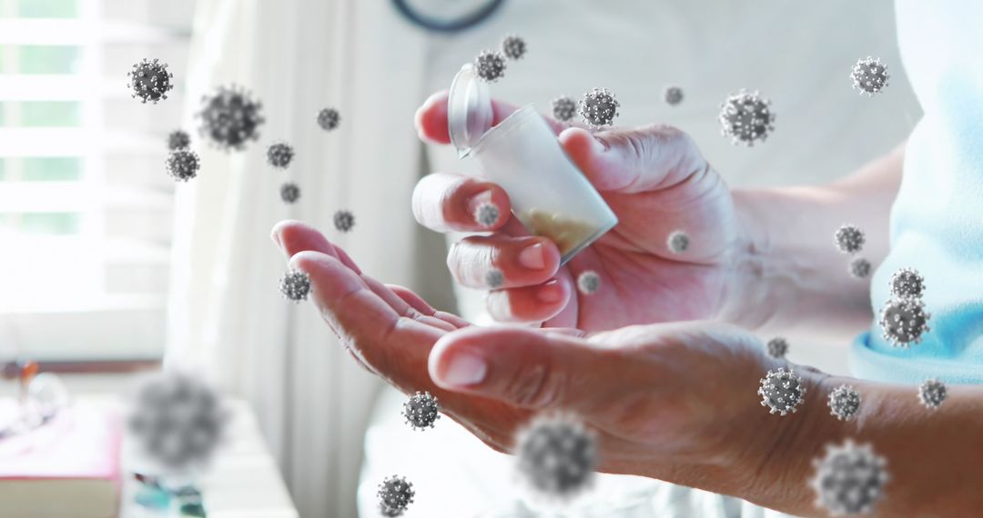 Senior Man Taking Medication with Covid-19 Virus Particles