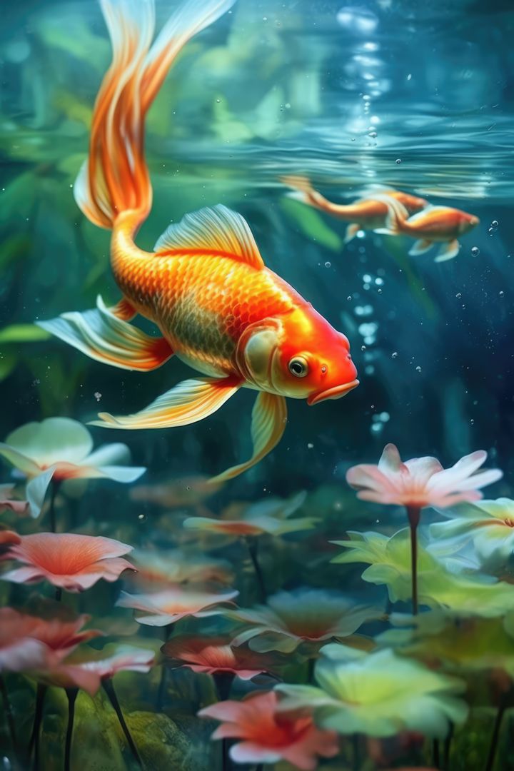 Vibrant Koi Fish Swimming Among Colorful Water Lilies in Clear Pond - Free Images, Stock Photos and Pictures on Pikwizard.com