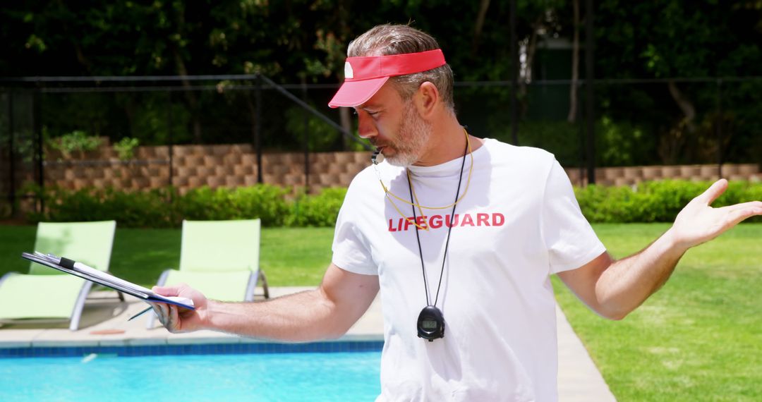 Lifeguard Monitoring Poolside with Clipboard in Summer - Free Images, Stock Photos and Pictures on Pikwizard.com