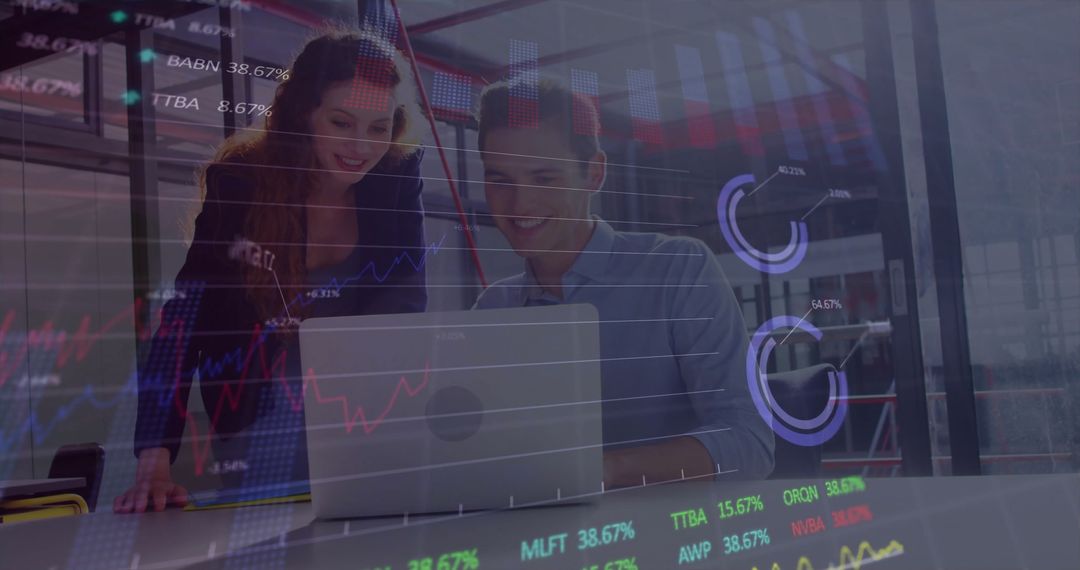 Financial Data Analysis by Professionals at Laptop with Overlays