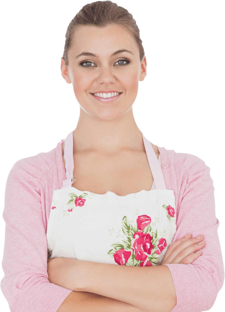 Transparent Woman Smiling Confidently with Floral Apron Folded Arms