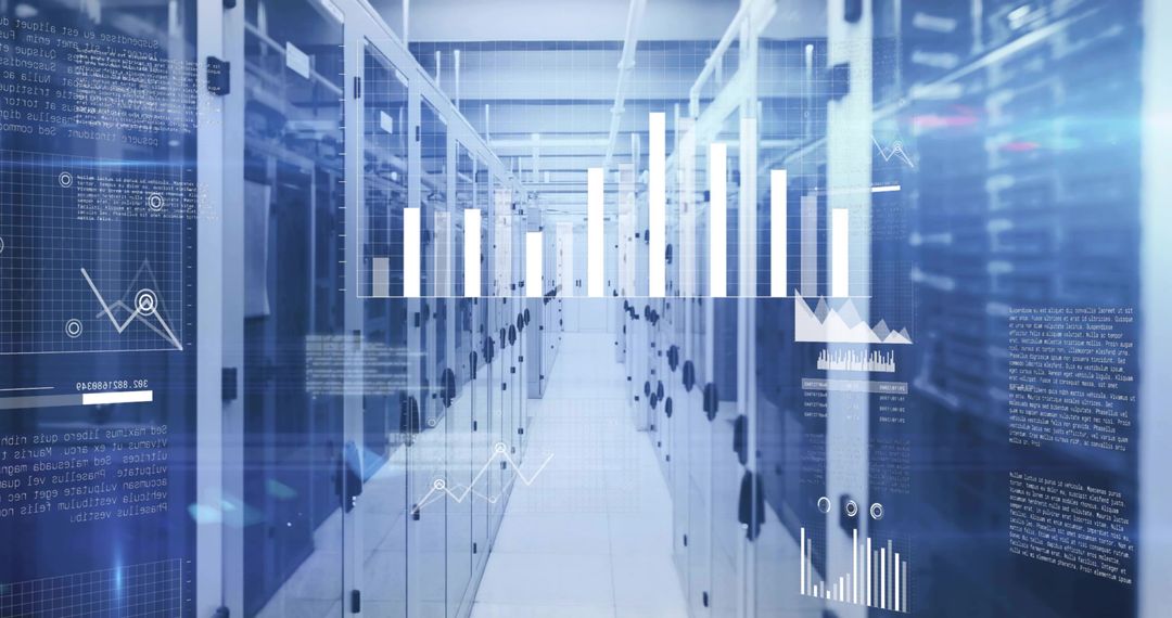 Data Center Aisle with Server Racks and Analytics Overlays
