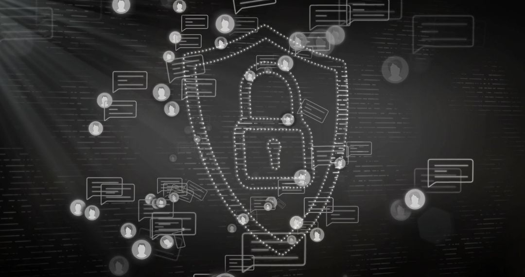 Glowing Digital Shield with Padlock and Chat Bubbles Representing Cybersecurity and Privacy