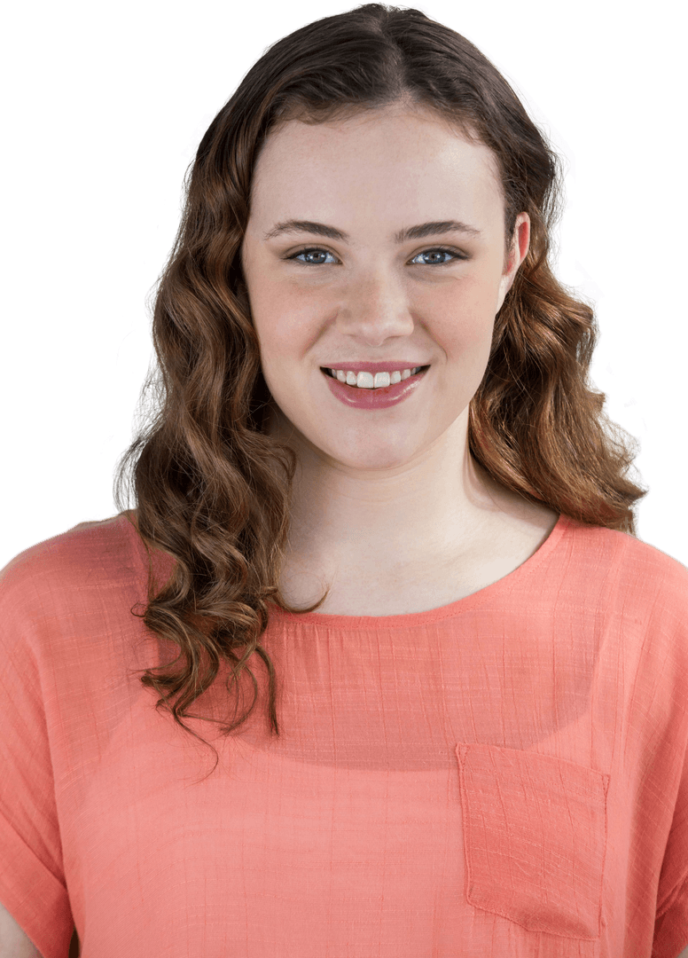 Smiling Brunette Woman with Curly Hair in Coral Top on Transparent Background