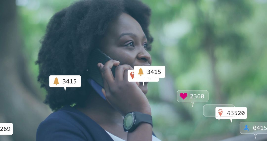 Woman Engaged in Phone Conversation with Overlay of Digital Notification Icons