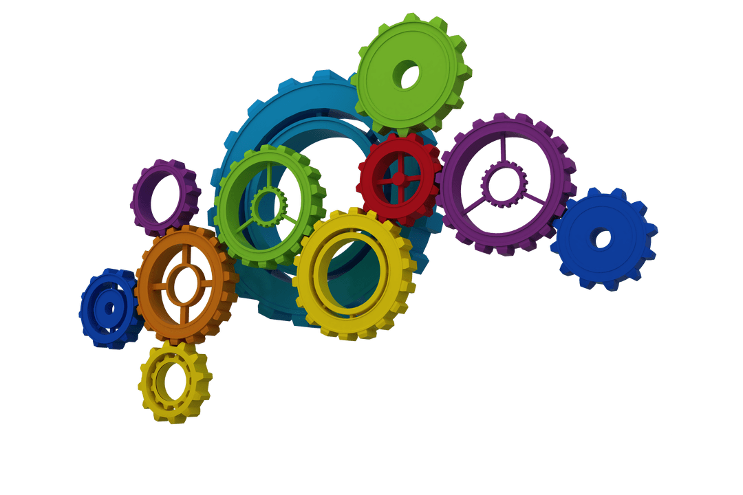 Colorful Transparent Gears Representing Teamwork and Innovation