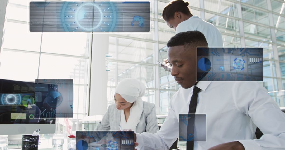 Diverse Coworkers Analyzing Data with Innovative Technology