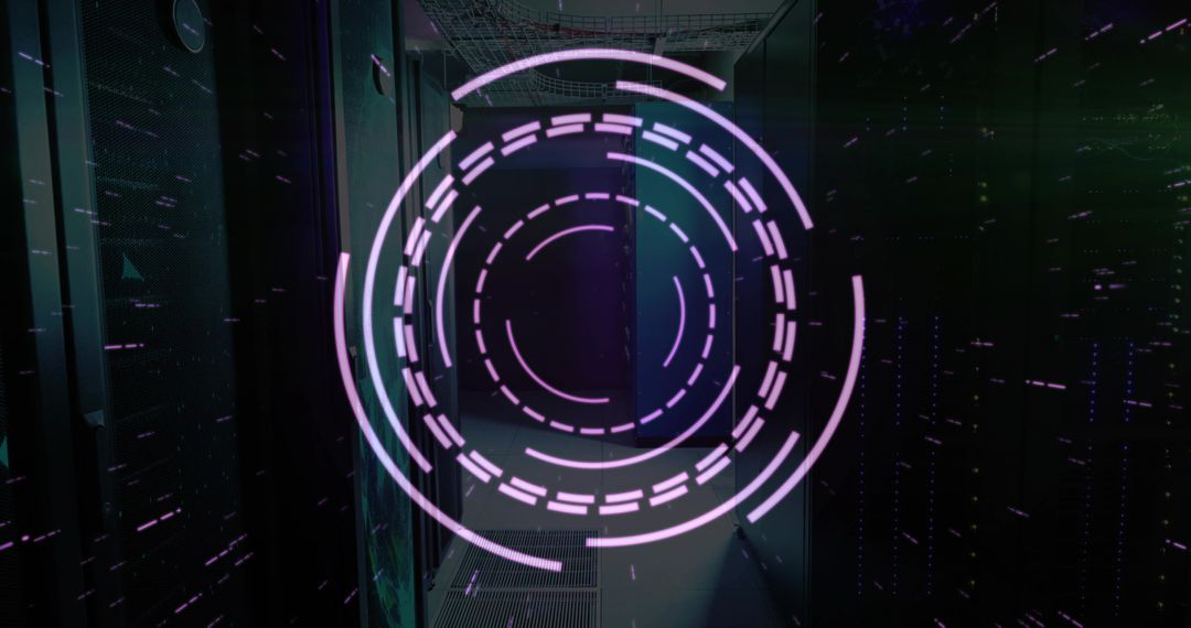 Holographic HUD Overlay Floating Over Data Center Aisle with Neon Circular Interface