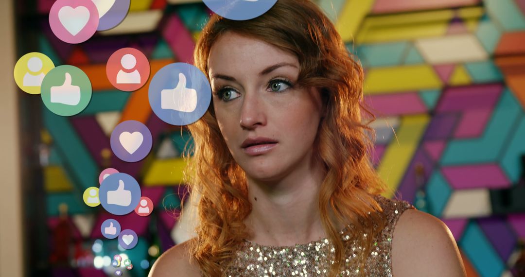 A woman in a glittery dress texts amidst floating social media icons in a 4K close-up. - Free Images, Stock Photos and Pictures on Pikwizard.com