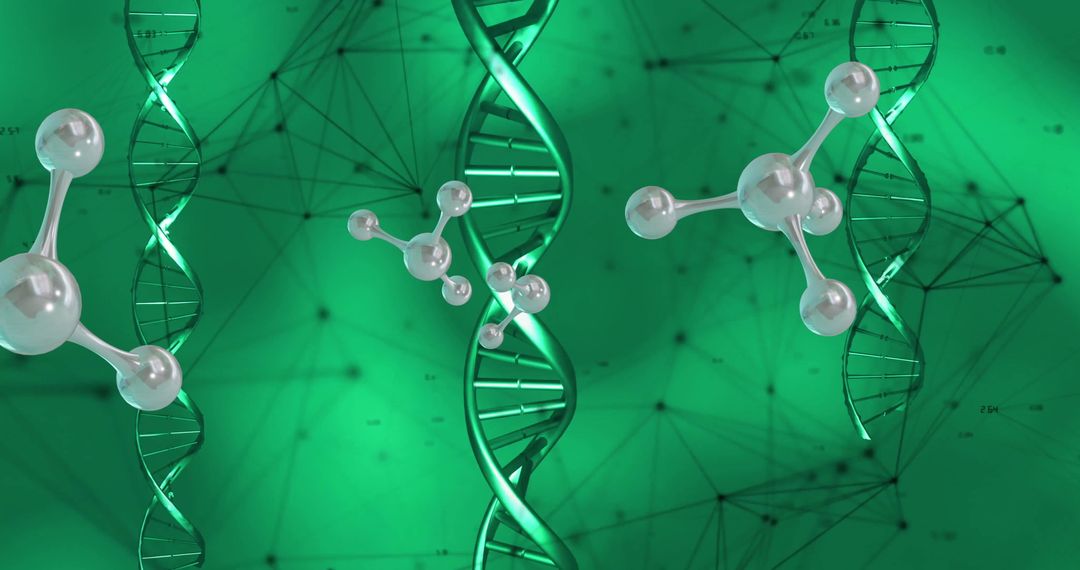 DNA Strands and Molecules on Futuristic Green Background