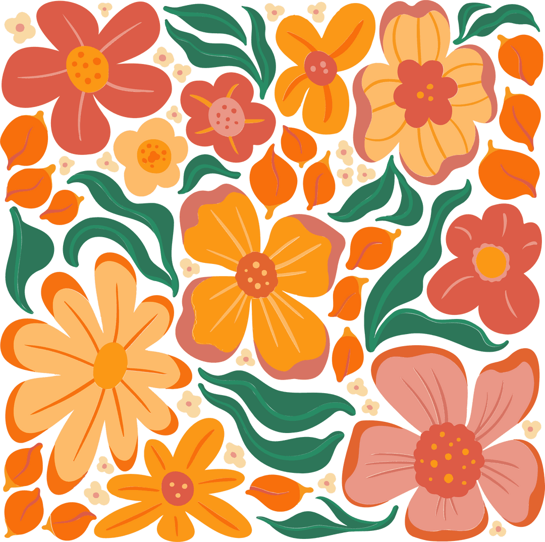Stylized Floral Pattern on Transparent Background with Vibrant Colors