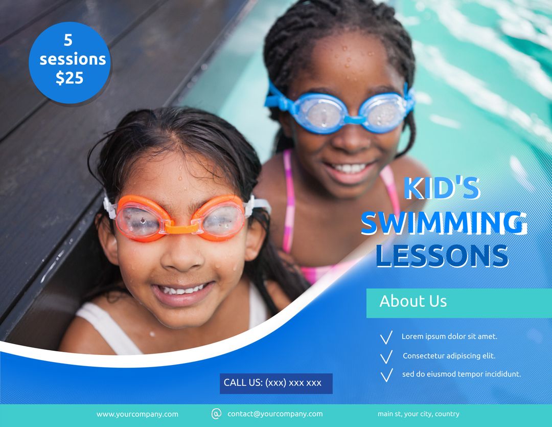 Kids Swimming Lessons Flyer with Smiling Children Wearing Goggles - Download Free Stock Templates Pikwizard.com