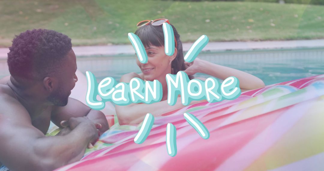 Couple Relaxing in Pool on Inflatable Raft with Fun Overlay Text