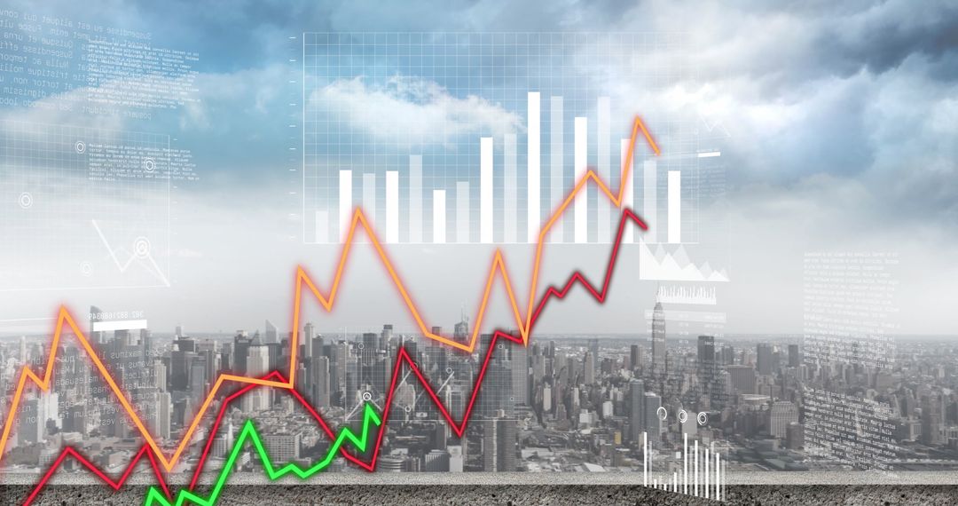 Futuristic Data Visualization over Cityscape in Cloudy Setting