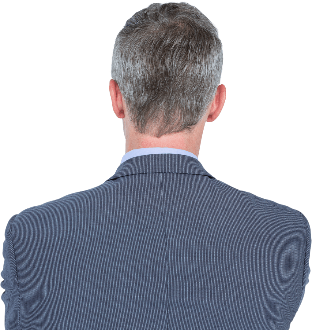 Rear View of Businessman with Gray Hair in Striped Suit, Transparent Background