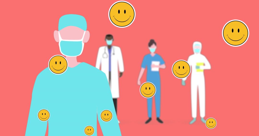 Healthcare Workers in PPE with Smile Emojis on Vibrant Background