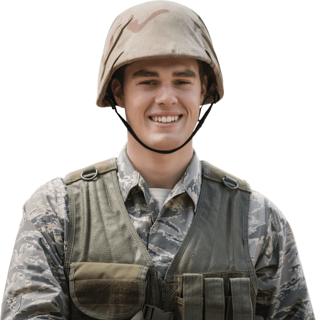 Smiling Soldier in Camo with Transparent Background