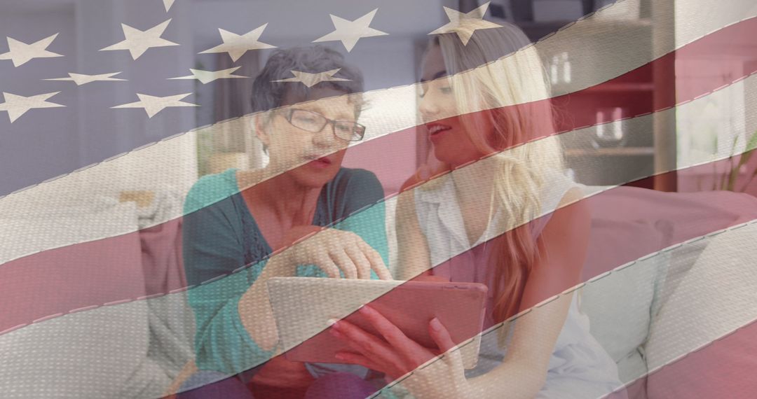 Mother and Daughter Using Tablet with Superimposed American Flag