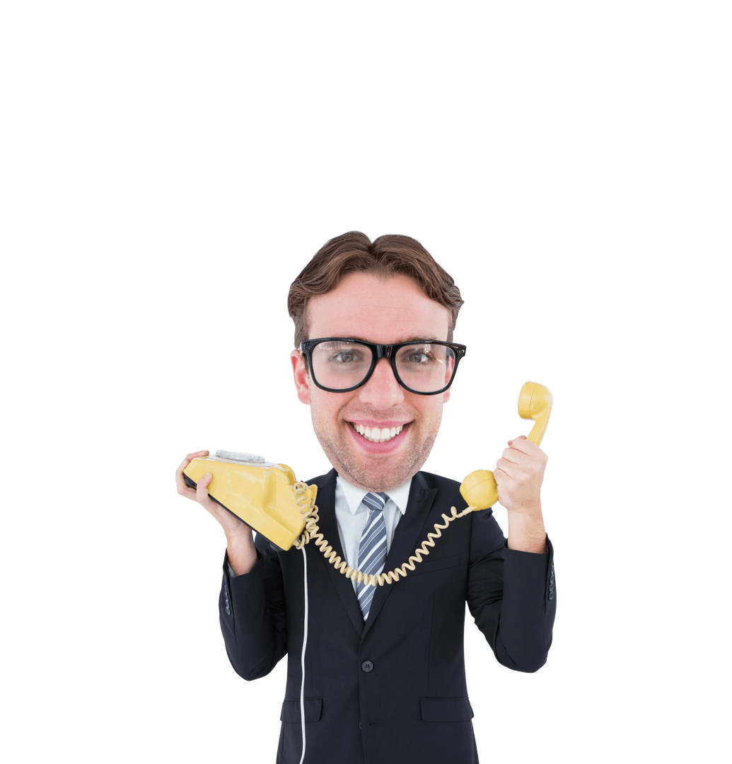 Smiling Businessman Holding Vintage Telephone on Transparent Background