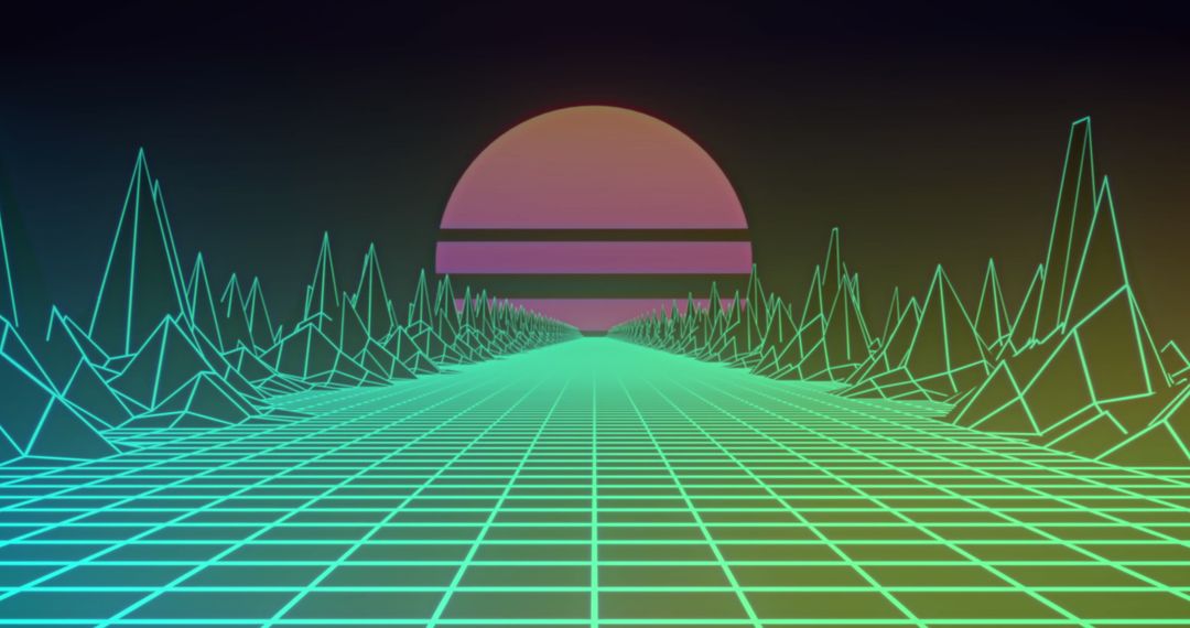 Futuristic Neon Grid with Retro Sun and Wireframe Mountains