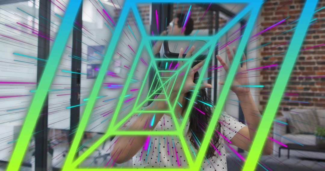 Woman Exploring Virtual Reality in Modern Office with Neon Effects