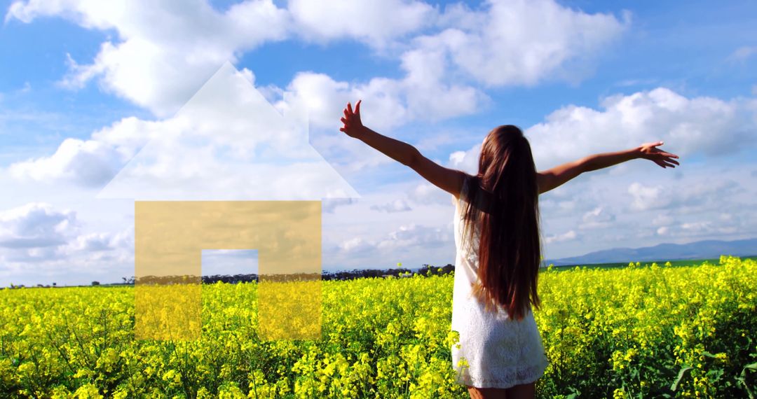 Woman Embracing Nature in Flower Field with House Overlay