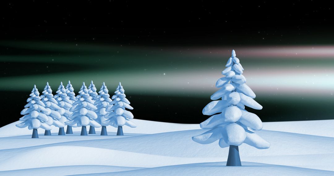 Snow-Covered Pine Trees Under Aurora Lights