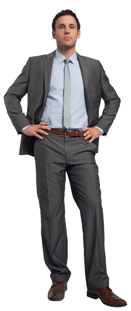 Transparent Background Hands-on-Hips Businessman in Gray Suit