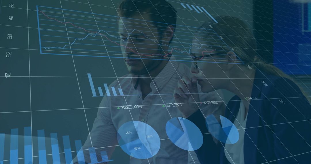 Colleagues Analyzing Financial Data with Graphics Overlay in Modern Office